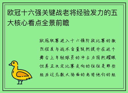 欧冠十六强关键战老将经验发力的五大核心看点全景前瞻 欧冠十六强关键战老将经验发力的五大核心看点全景前瞻